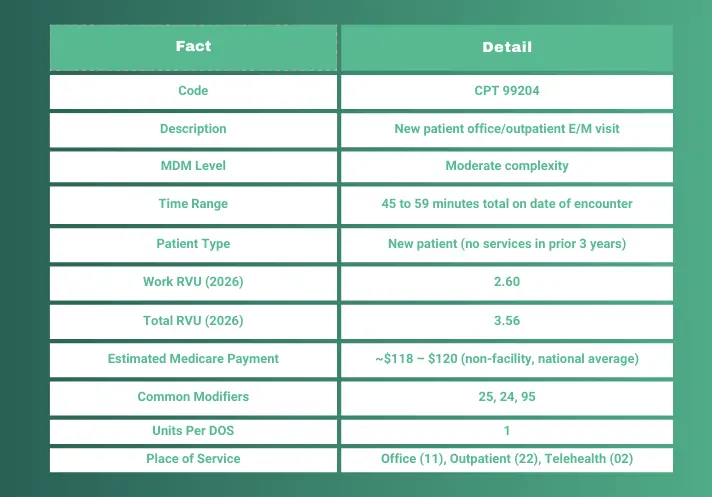 CPT Code 99204 quick facts table showing description, moderate MDM level, 45–59 minute time requirement, RVU values, Medicare reimbursement, modifiers 25 24 95, and place of service codes.