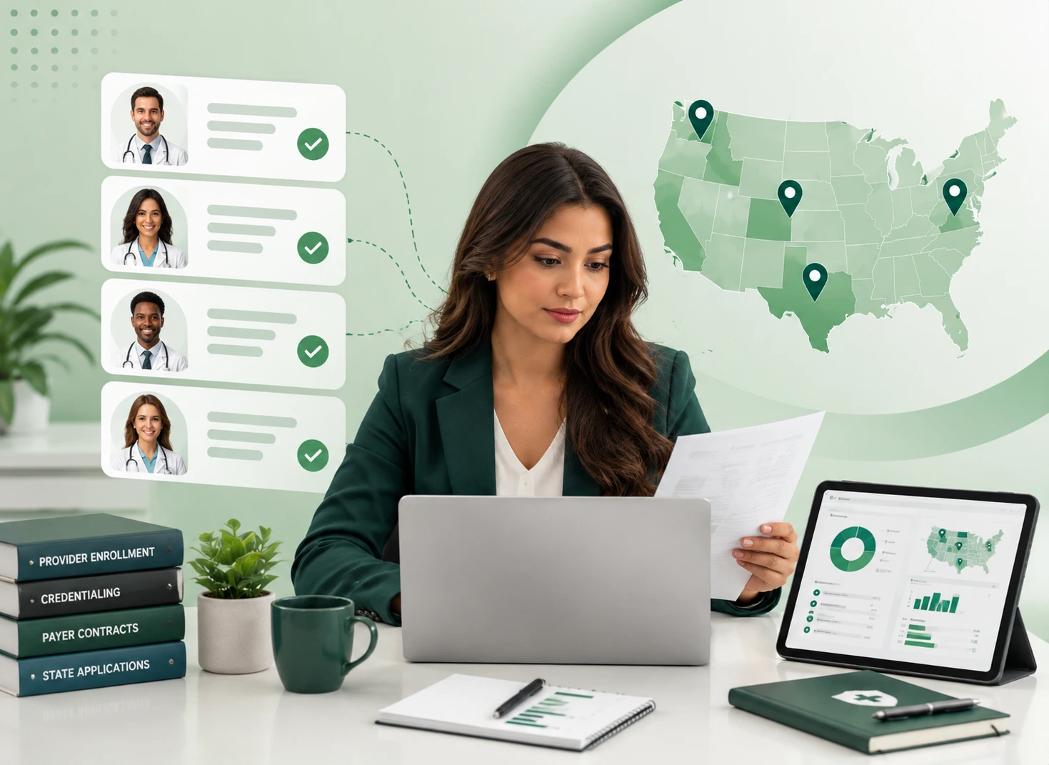 Healthcare coordinator managing provider roster and multi-state medical credentialing outsourcing files with a US map graphic