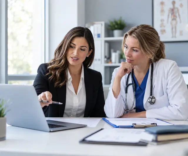 Telehealth credentialing specialist reviewing a payer enrollment application with a physician