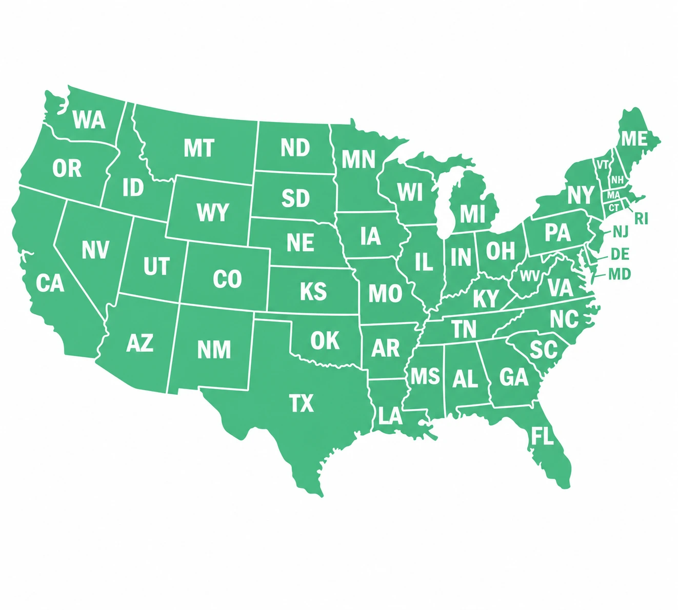 Map of the United States with each state labeled, showing MedSole RCM's nationwide medical billing coverage