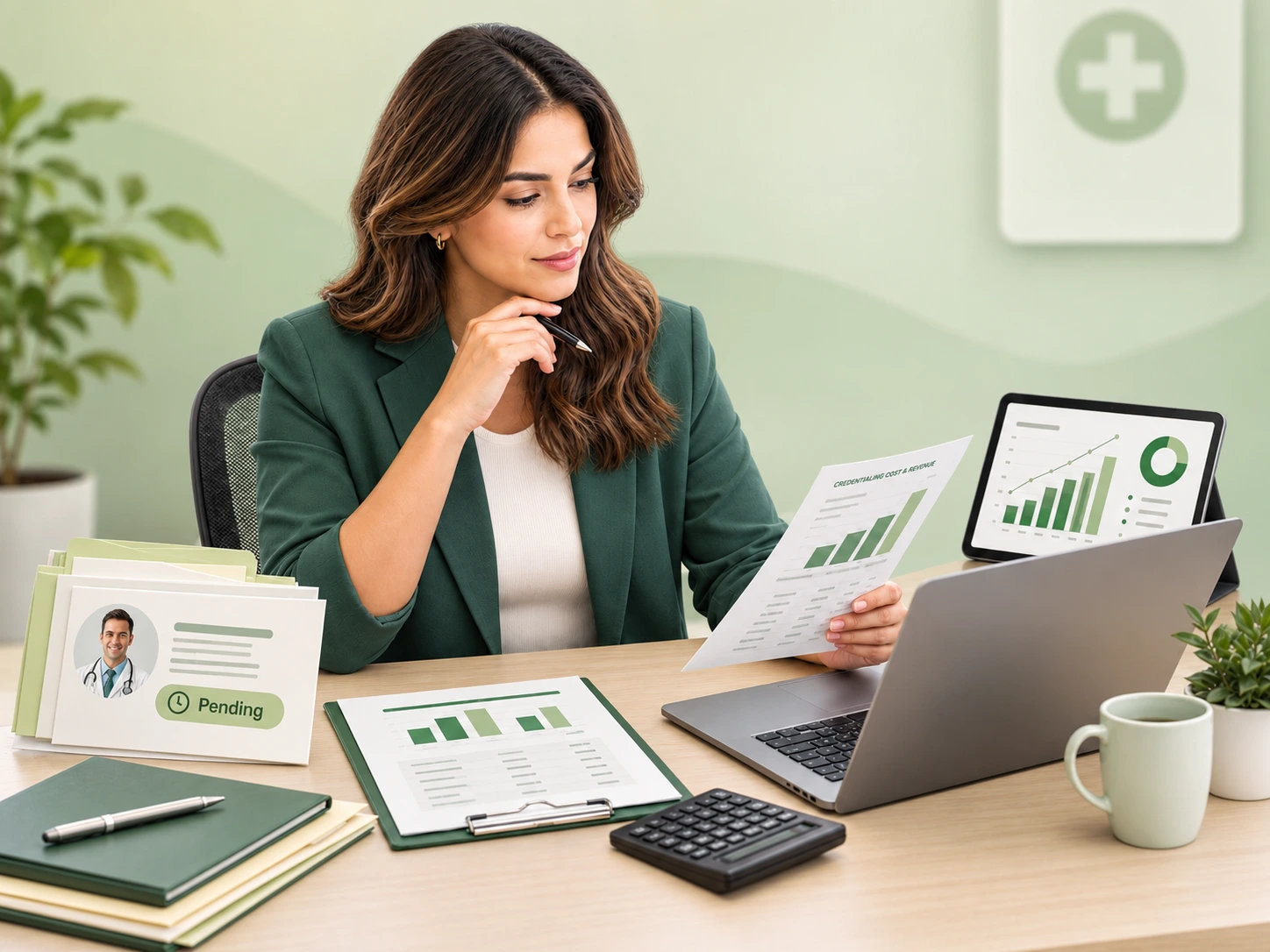 Healthcare administrator tracking multi-provider enrollment status and pending credentialing files across multiple states on a laptop